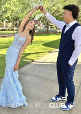 Hedy |Long Blue Prom Dresses Near Me With Spaghetti Straps Mermaid Sequins Applique - Price #price_variant_lowest# - Blue - PromDressClub